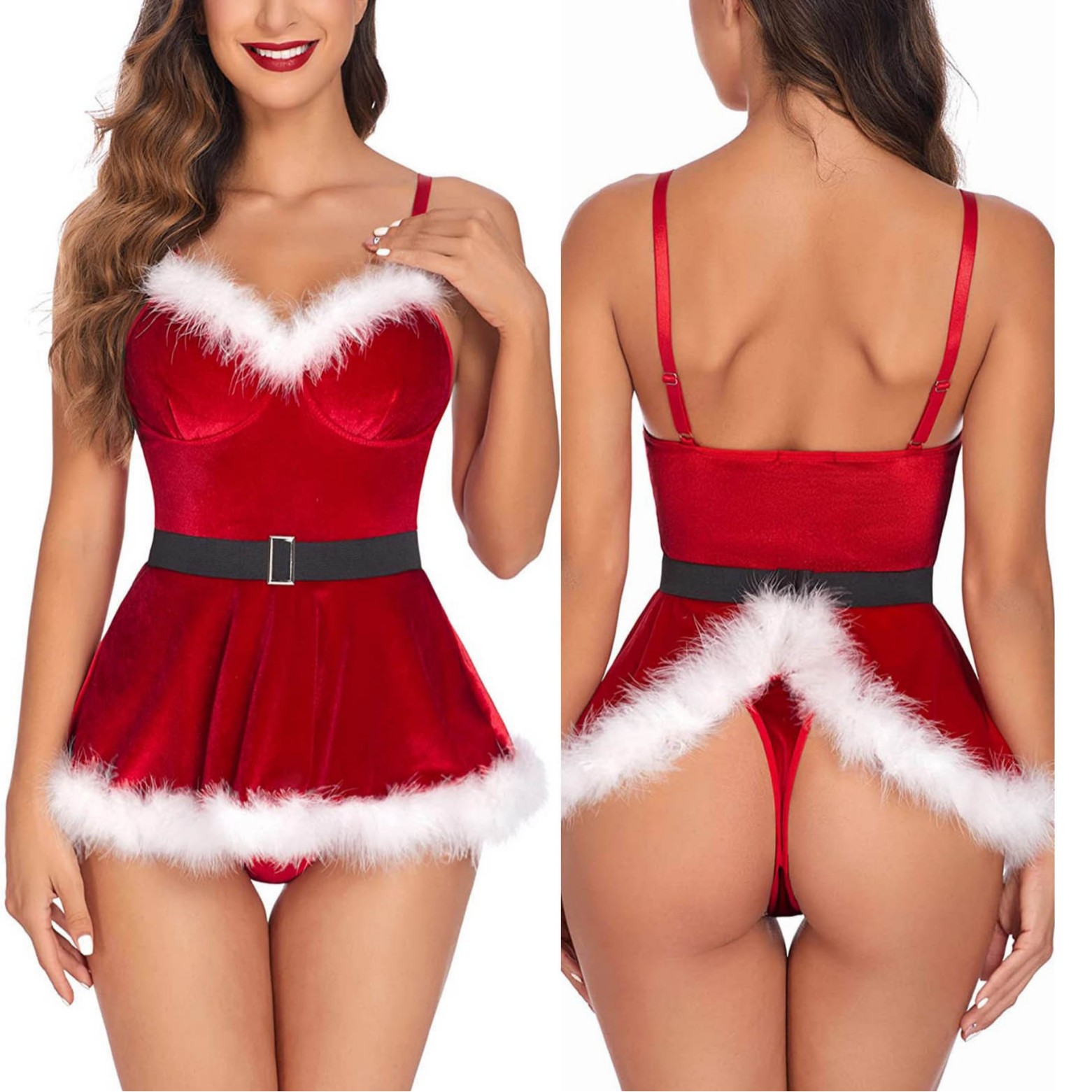 Elf Costume Christmas - ชุดนอนเซ็กซี่สำหรับผู้หญิง ชุดคอสเพลย์ซานตาคลอส แต่งลูกไม้ลายดอกไม้ คาดเข็มขัด แต่งขนปุย พร้อมชุดชั้นในแบบจีสตริง