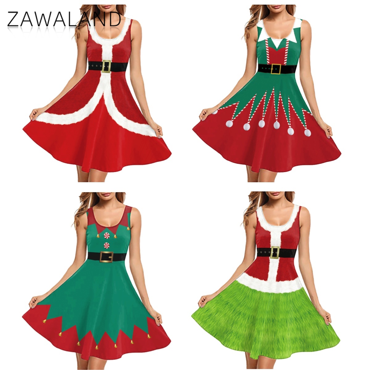 Elf Costume Christmas - ชุดคอสเพลย์พิมพ์ลายสีแดงเขียวสำหรับคริสต์มาส ชุดเดรสคอวีแขนกุดสำหรับผู้หญิง ชุดสำหรับงานปาร์ตี้ ชุดแสดงบนเวทีเทศกาล
