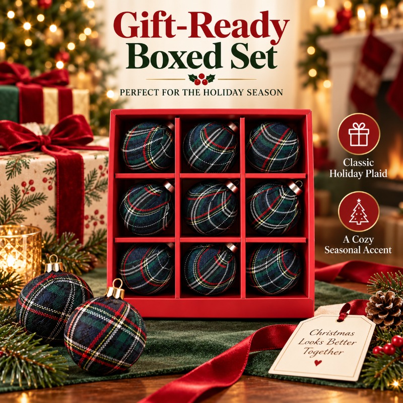 Gift Box Wrap Set - ชุดของตกแต่งคริสต์มาส 9 ชิ้น ลูกบอลลายสก็อตหุ้มผ้า ขนาด 8