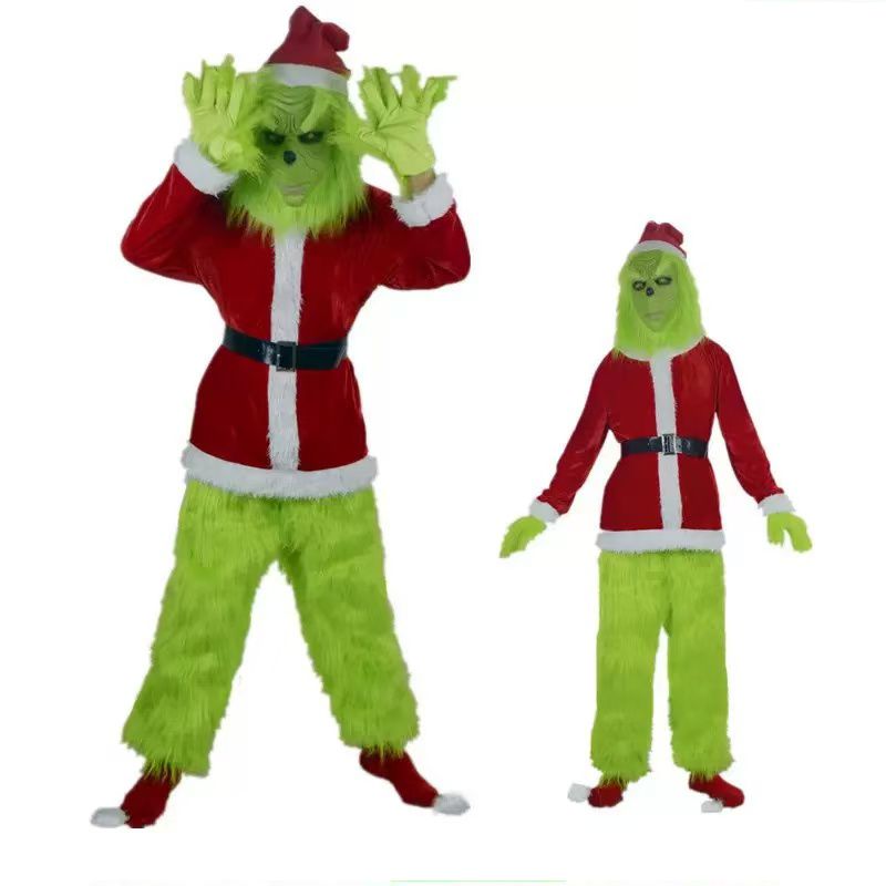 Santa Hat Plush - ชุดคอสเพลย์กรินช์สีเขียว ชุดนักขโมย พร้อมหน้ากากผ้ากำมะหยี่ กางเกง ถุงมือ หมวกซานตาคลอสสีแดง