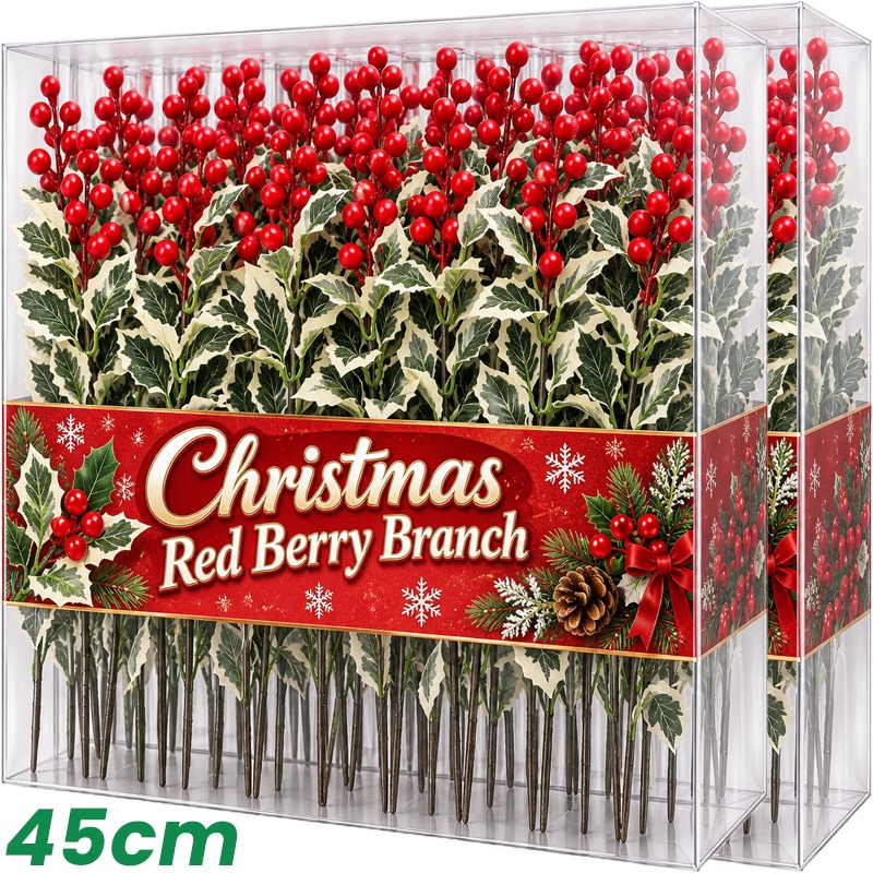 Christmas Wreath Fake - ต้นเบอร์รี่สีแดงจำลอง 45 ซม. ของประดับตกแต่ง ต้นคริสต์มาสปลอม ผลฮอลลี่ปลอม