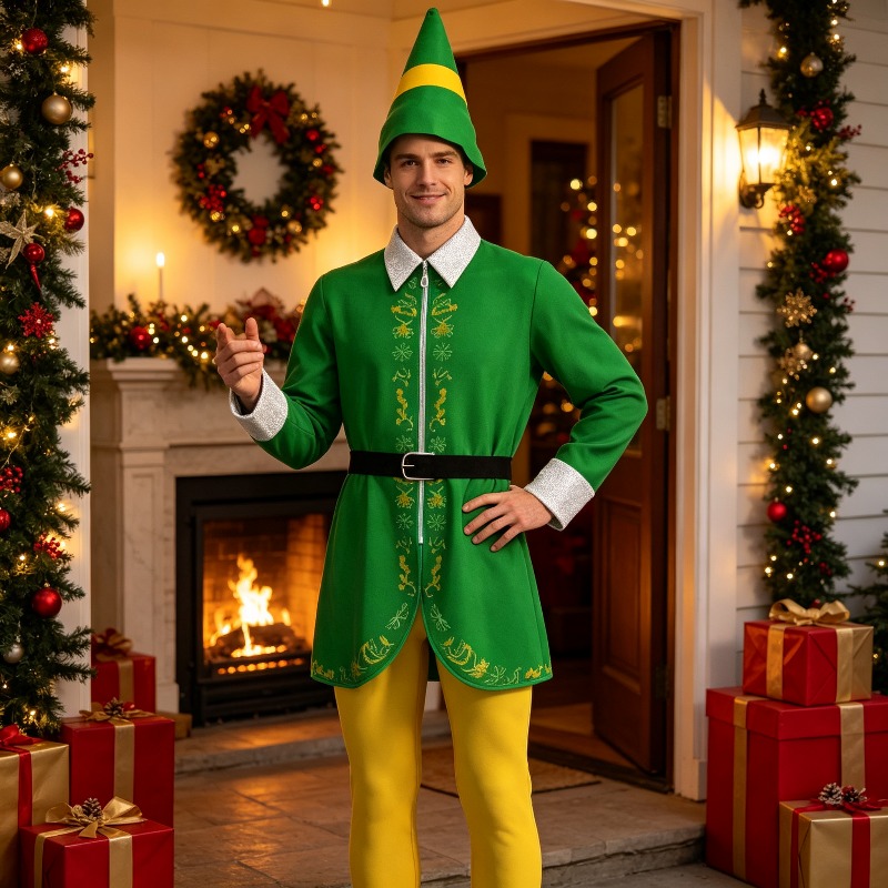 Elf Costume Christmas - ชุดเครื่องประดับสำหรับแต่งกาย ชุดคอสเพลย์เอลฟ์คริสต์มาสสีเขียว ชุดการแสดงบนเวที อุปกรณ์ประกอบฉากชุดเทศกาล ชุดเอลฟ์คริสต์มาสสีเขียวสำหรับผู้ชาย
