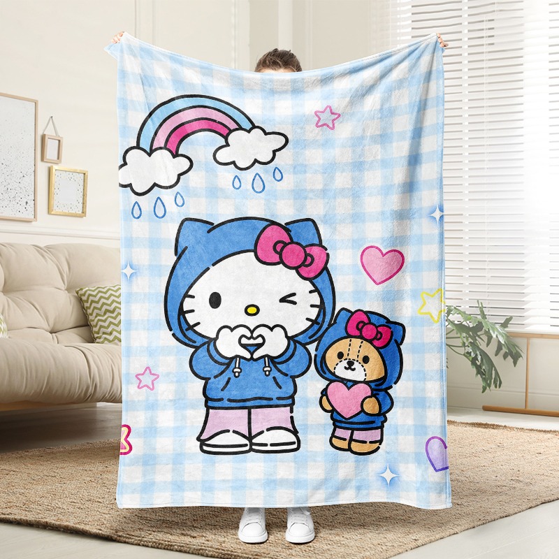 Christmas Throw Blanket - ผ้าห่มซานริโอ ลายเฮลโลคิตตี้และหมี ผ้าห่มขนแกะลายตาราง นุ่มสบายสำหรับห้องนอนหรือห้องนั่งเล่น ลายเมฆสีรุ้งและหัวใจ