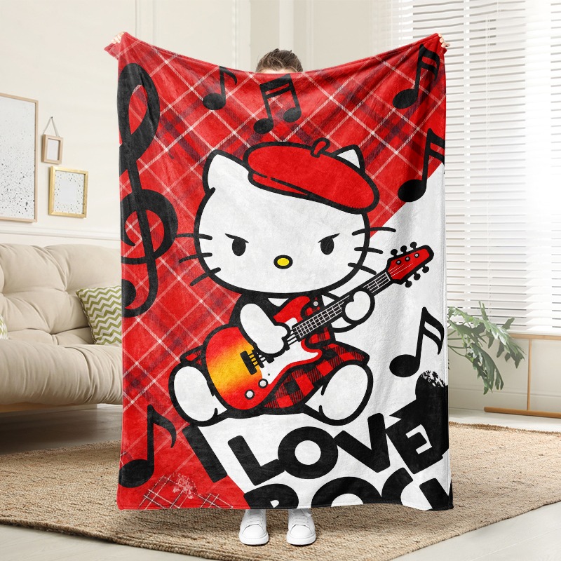 Christmas Throw Blanket - ผ้าห่มซานริโอ ลายเฮลโลคิตตี้ ร็อคสตาร์ ลายสก็อต ผ้าฟลานเนล สีแดงดำ