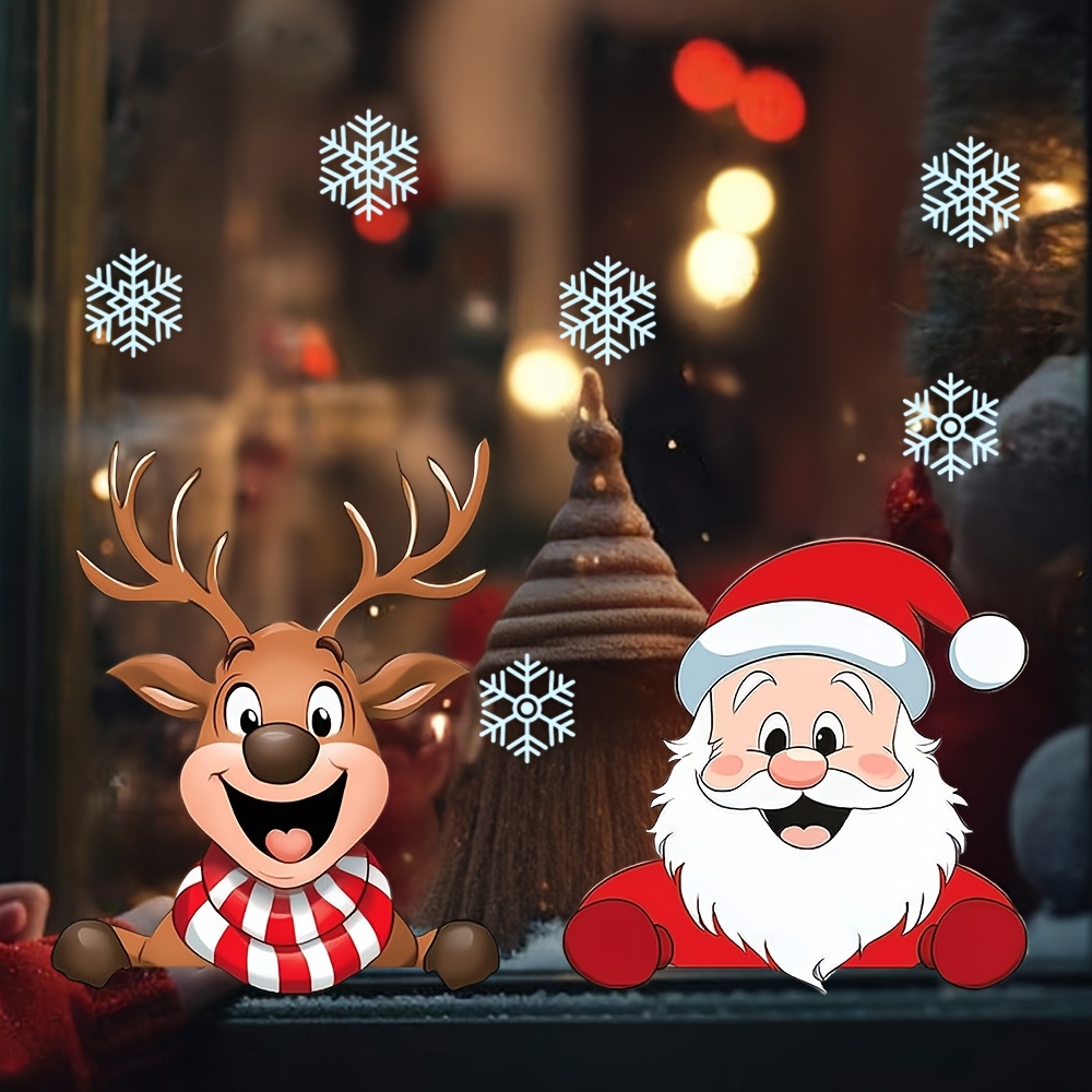 Snowflake Window Decal - สติกเกอร์ติดหน้าต่างคริสต์มาส – ลายกวางเรนเดียร์, ซานตาคลอส และเกล็ดหิมะ, สติกเกอร์พลาสติกแบบมีกาวในตัว