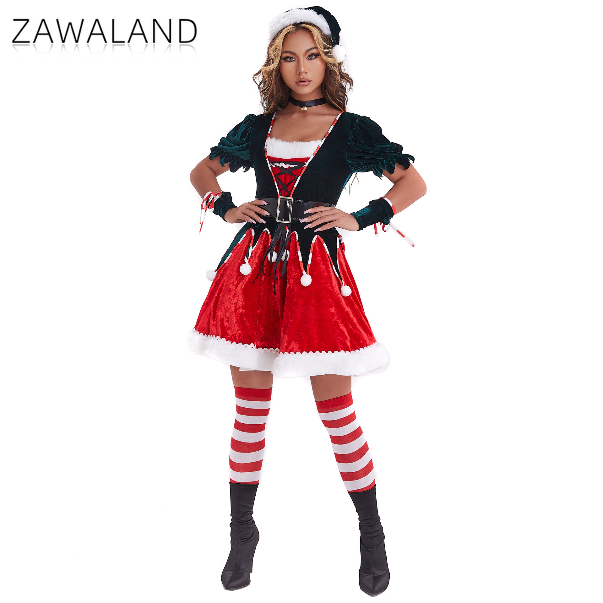 Elf Costume Christmas - ชุดคอสเพลย์เอลฟ์คริสต์มาส ชุดเดรสผู้หญิงผ้ากำมะหยี่ทรงเอ พร้อมถุงมือ ชุดแสดงบนเวทีเทศกาลคริสต์มาส ชุดงานปาร์ตี้เทศกาลฤดูหนาว