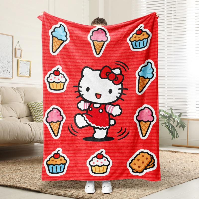 Christmas Throw Blanket - ผ้าห่มซานริโอ ลายเฮลโลคิตตี้ ไอศกรีม คัพเค้ก ผ้าห่มฟลานเนลสีแดง นุ่มสบาย