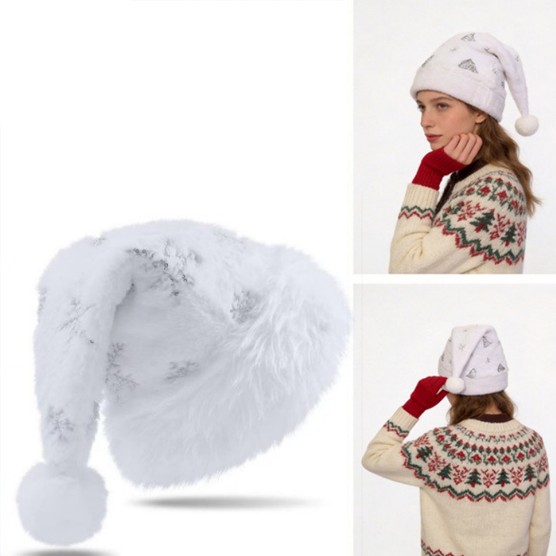 Santa Hat Plush - หมวกซานต้าคริสต์มาสผ้ากำมะหยี่สีขาว ประดับเลื่อมสีทองและสีเงิน ลายเกล็ดหิมะ สำหรับตกแต่งบ้านและงานปาร์ตี้คริสต์มาส ของขวัญเทศกาล