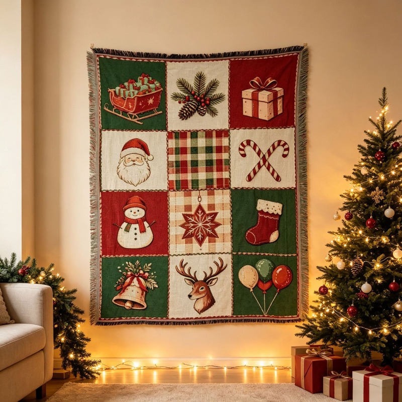 Christmas Throw Blanket - ผ้าทอแจ็คการ์ดลายคริสต์มาสพร้อมพู่ ผ้าคลุมโซฟา ผ้าห่มตกแต่งเทศกาล ของตกแต่งบ้าน ผ้าทอแขวนผนัง